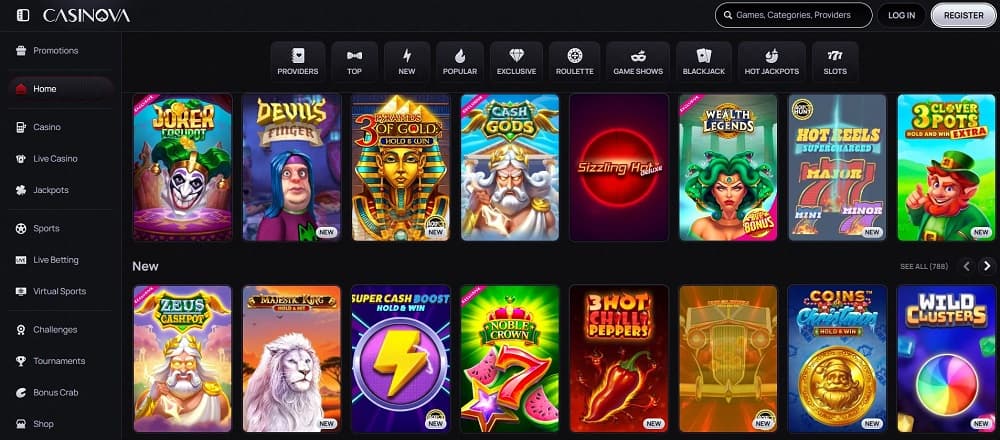 Casinova Casino homepage screenshot. Casino ohne Lizenz.