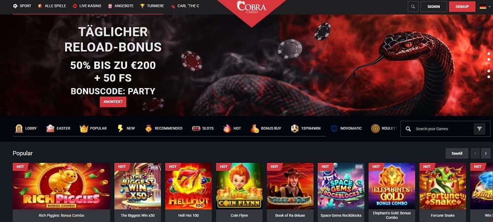 Cobra Casino homepage screenshot. Casino ohne Lizenz.