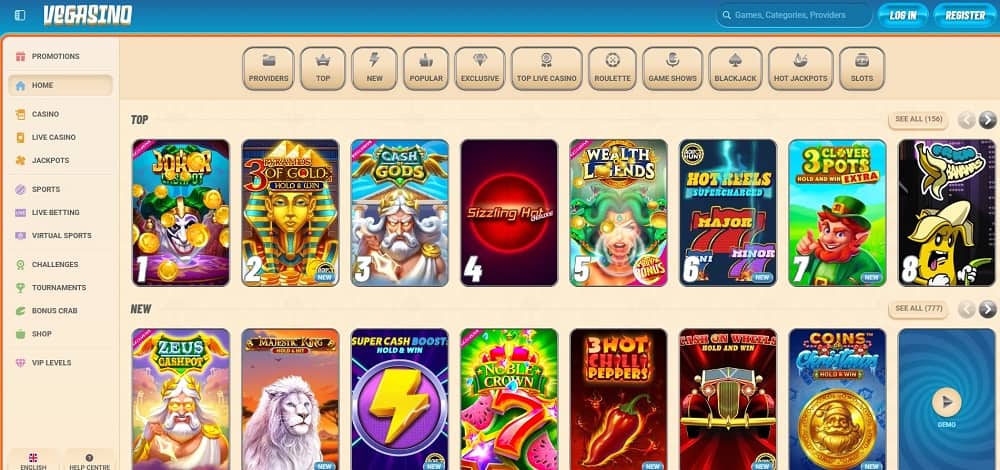 Vegasino Online Casino homepage screenshot. Casino ohne Lizenz.